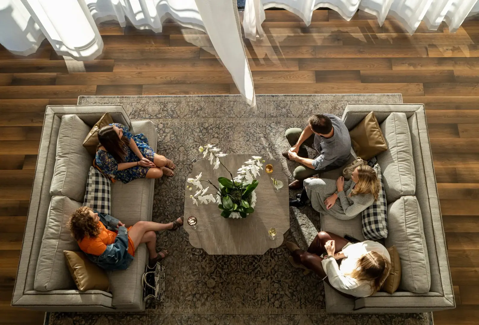 sitting on lobby couches